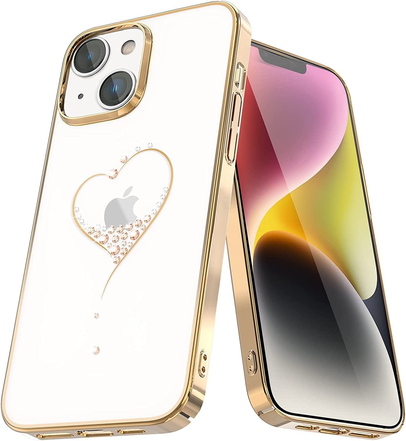 iPhone 14 Plus Kingxbar Heart Rhinestone Diamond Plated Hard Clear PC Back Cover-Gold