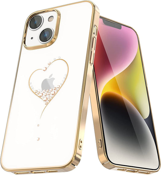 iPhone 14 Plus Kingxbar Heart Rhinestone Diamond Plated Hard Clear PC Back Cover-Gold