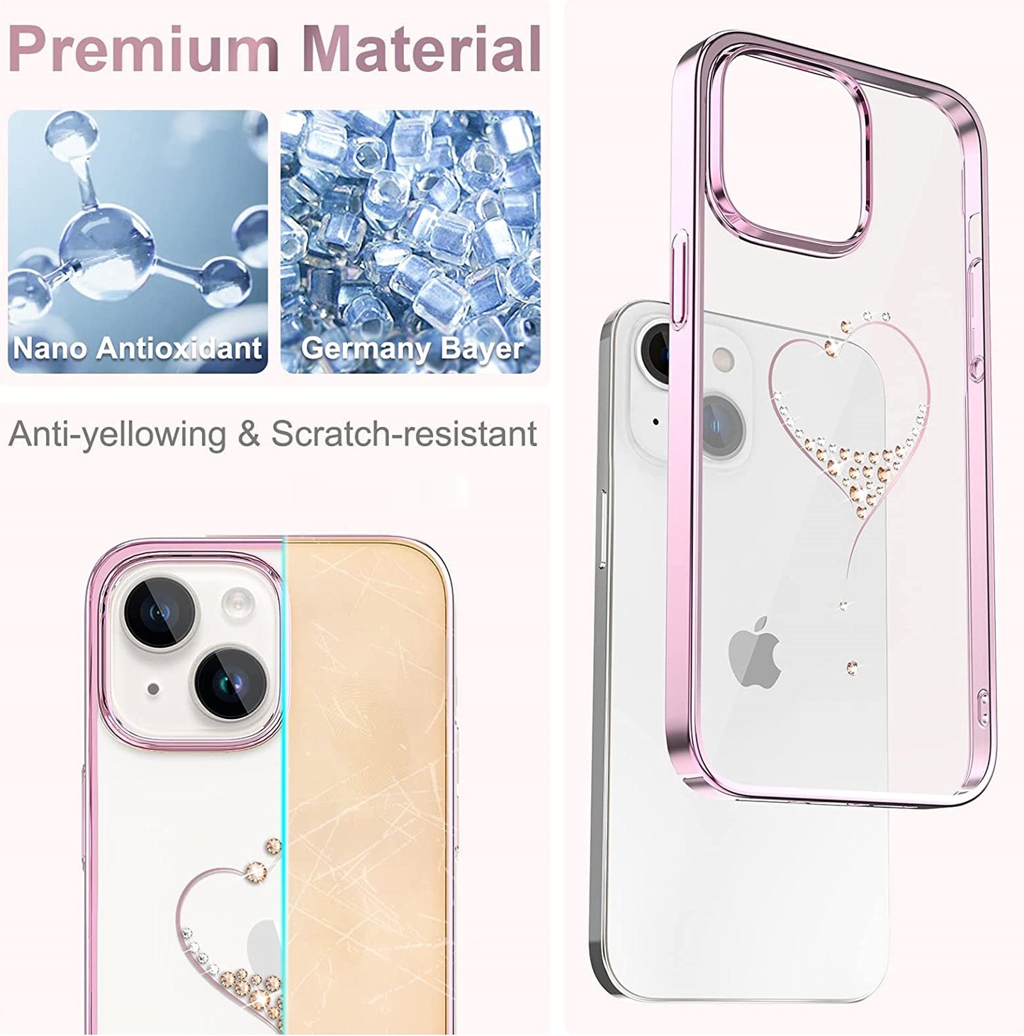 iPhone 14 Plus Kingxbar Heart Rhinestone Diamond Plated Hard Clear PC Back Cover-Rose Gold