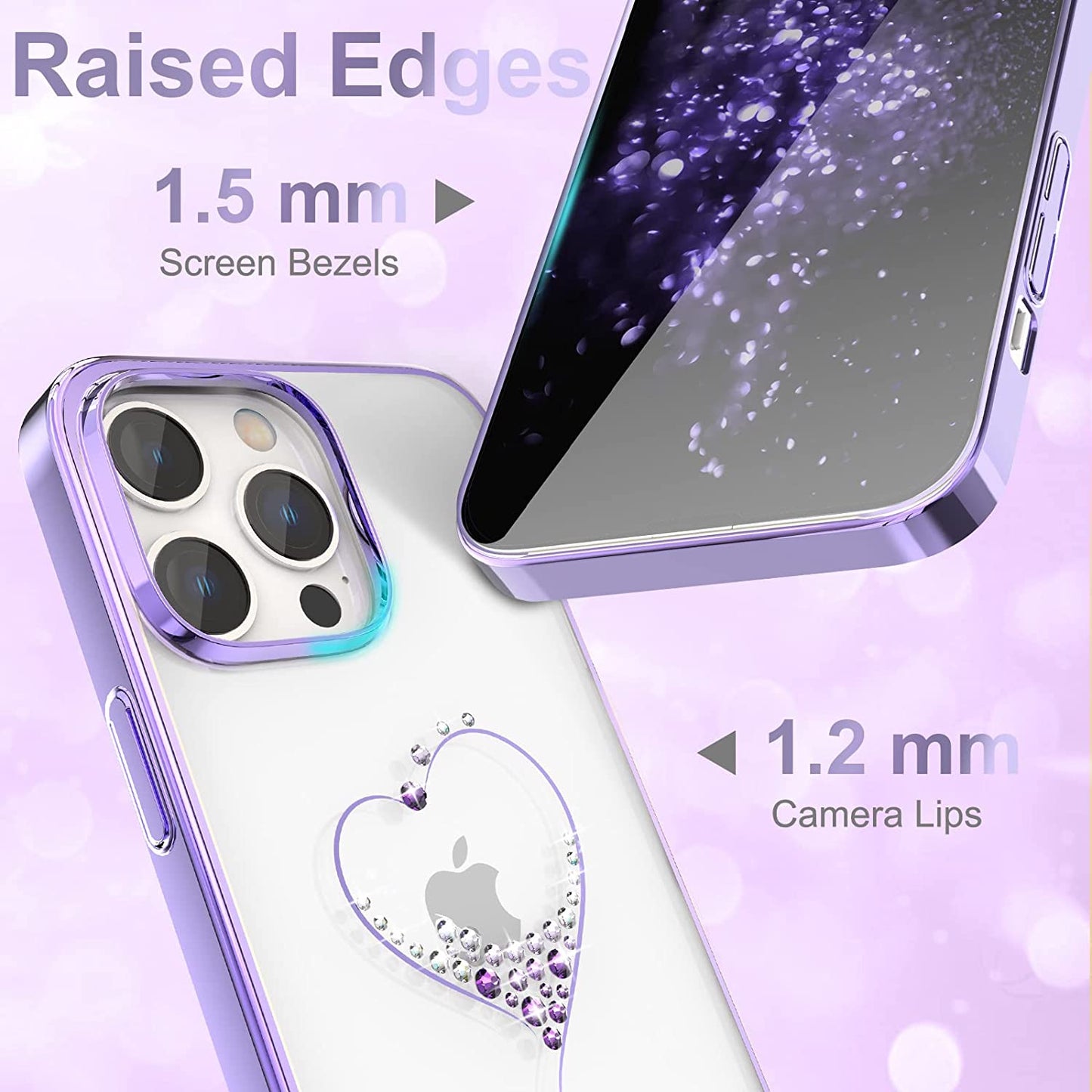 iPhone 14 Pro Kingxbar Heart Rhinestone Diamond Plated Hard Clear PC Back Cover-Purple