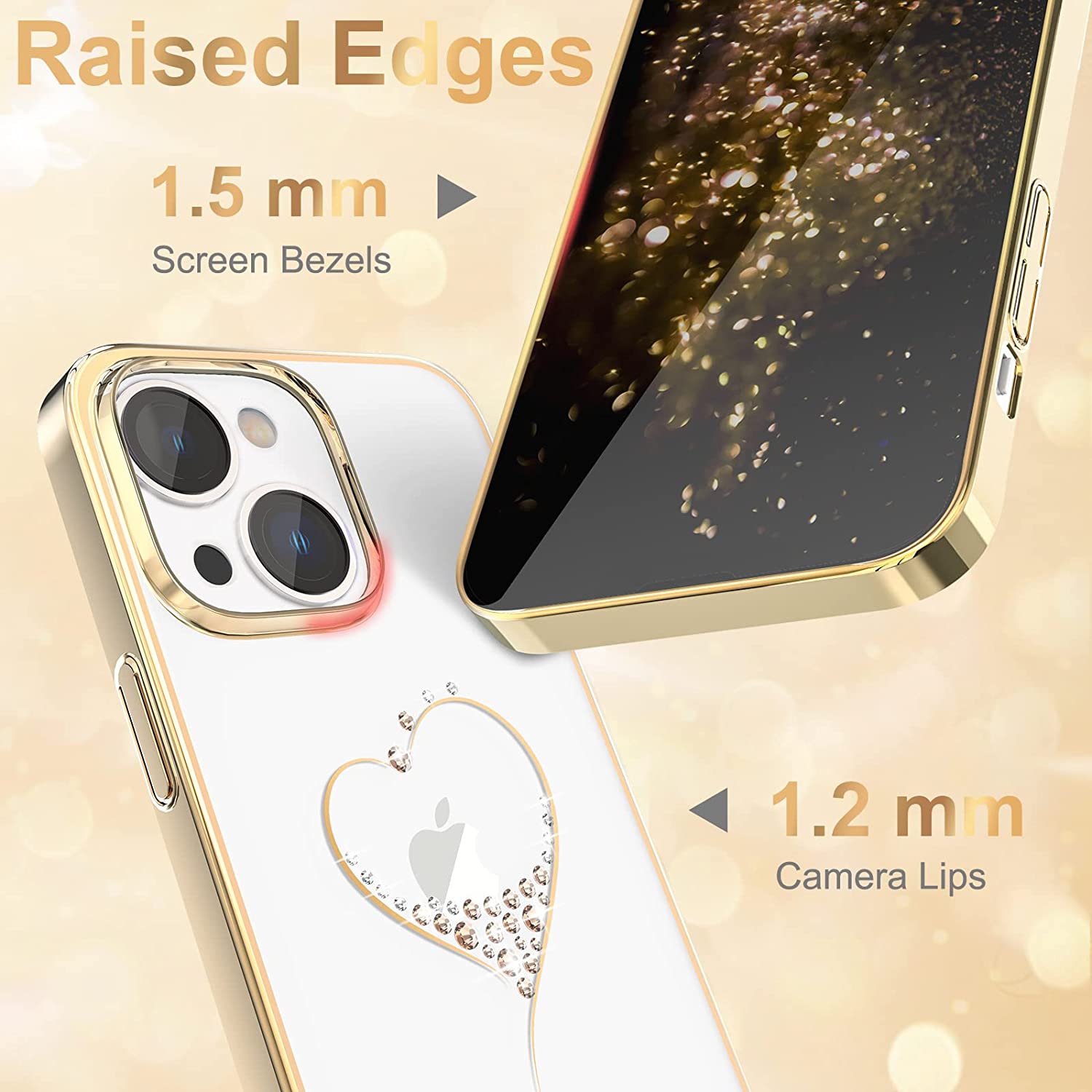 iPhone 14 Plus Kingxbar Heart Rhinestone Diamond Plated Hard Clear PC Back Cover-Gold