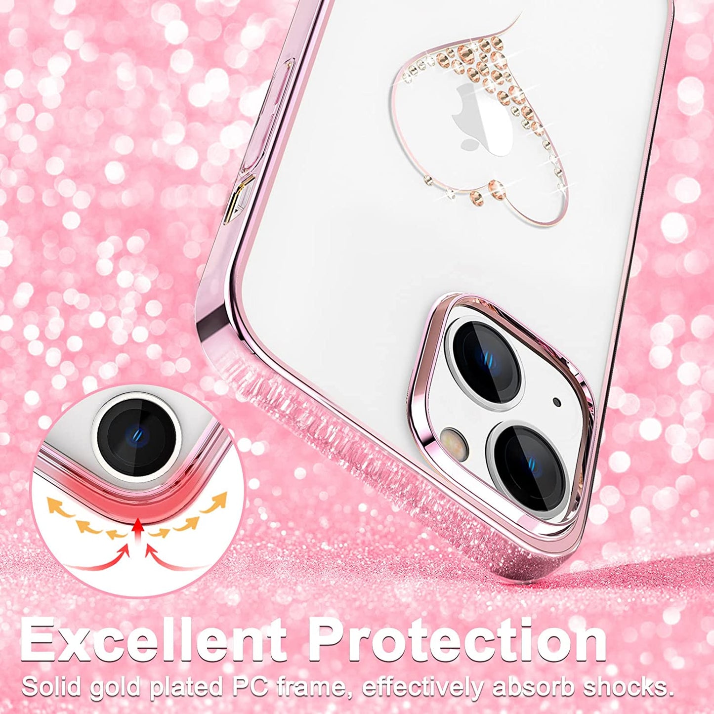 iPhone 14 Plus Kingxbar Heart Rhinestone Diamond Plated Hard Clear PC Back Cover-Rose Gold