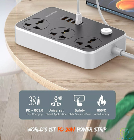 LDNIO Fast Charge 20W with 3 Power Ports and 3 USB 3 0 Ports Fast Charge 7 Socket Extension Boards Black Grey 2m With USB Port