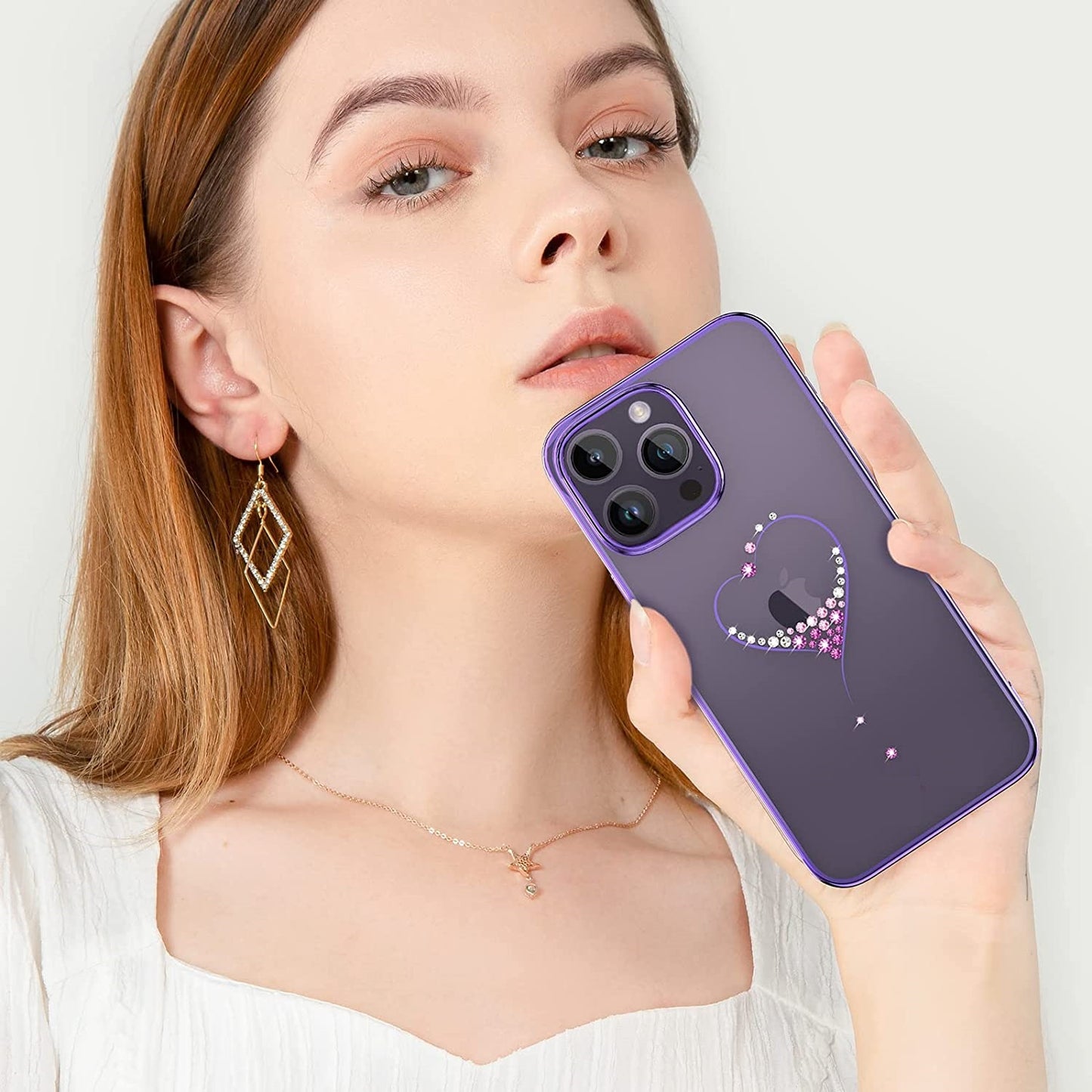 iPhone 14 Pro Kingxbar Heart Rhinestone Diamond Plated Hard Clear PC Back Cover-Purple