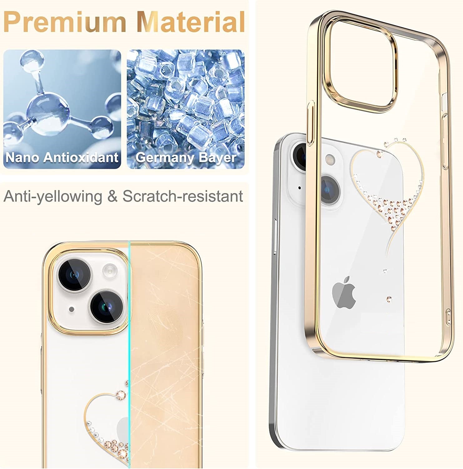 iPhone 14 Plus Kingxbar Heart Rhinestone Diamond Plated Hard Clear PC Back Cover-Gold