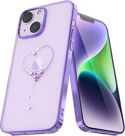 iPhone 14 Kingxbar Heart Rhinestone Diamond Plated Hard Clear PC Back Cover-Purple