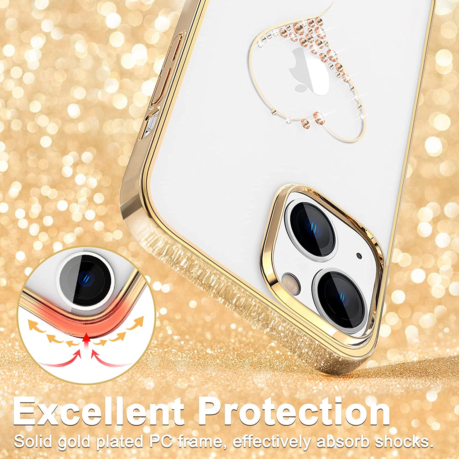 iPhone 14 Kingxbar Heart Rhinestone Diamond Plated Hard Clear PC Back Cover-Gold