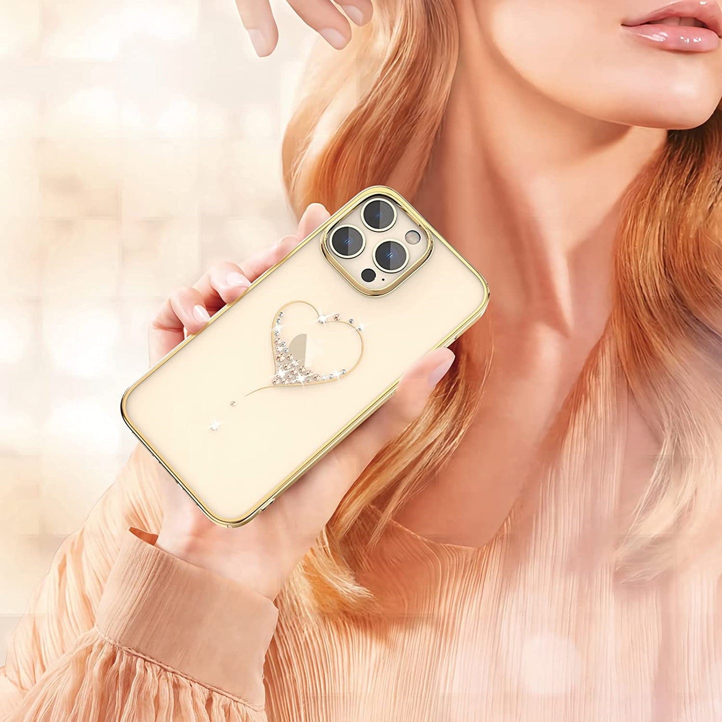 iPhone 14 Pro Max Kingxbar Heart Rhinestone Diamond Plated Hard Clear PC Back Cover-Gold