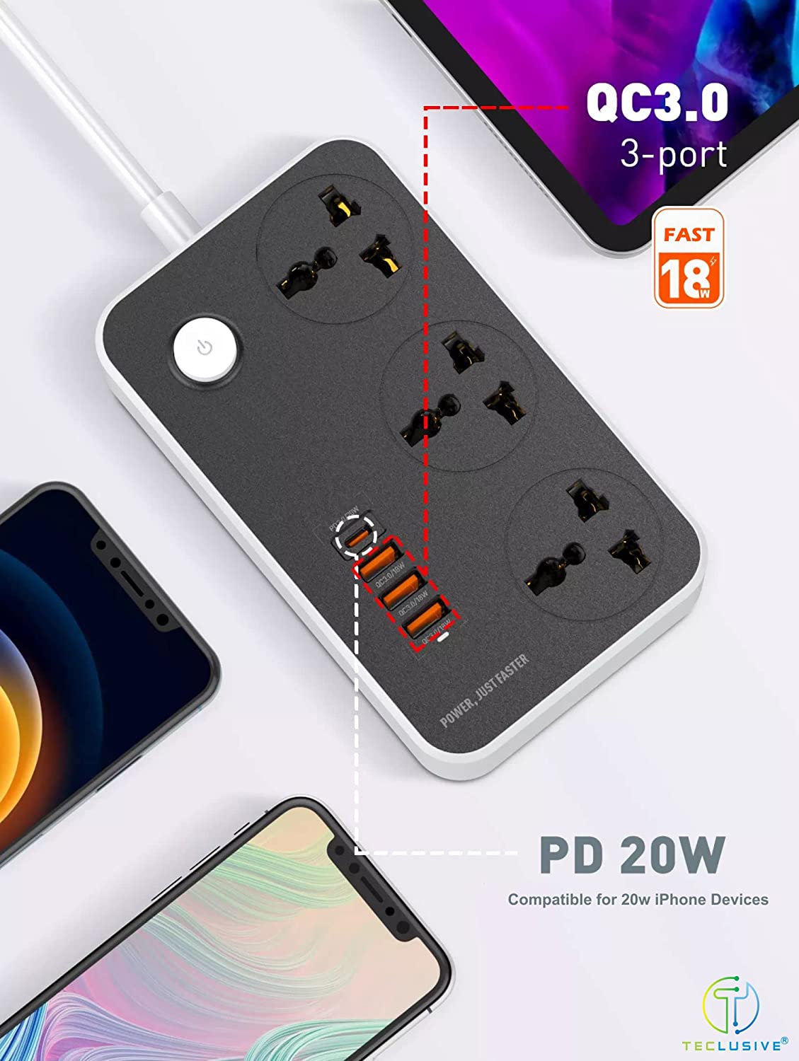 LDNIO Fast Charge 20W with 3 Power Ports and 3 USB 3 0 Ports Fast Charge 7 Socket Extension Boards Black Grey 2m With USB Port