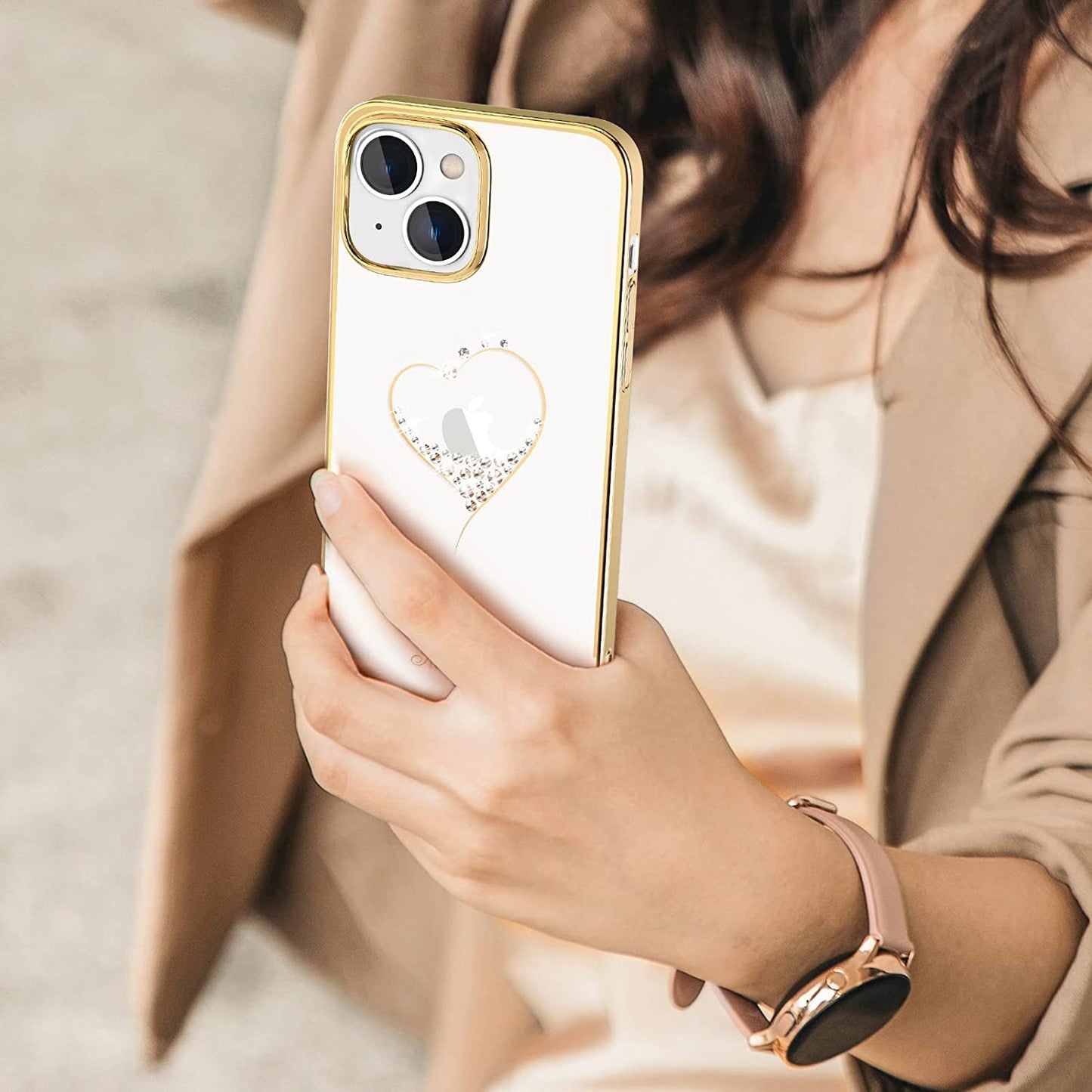 iPhone 14 Kingxbar Heart Rhinestone Diamond Plated Hard Clear PC Back Cover-Gold