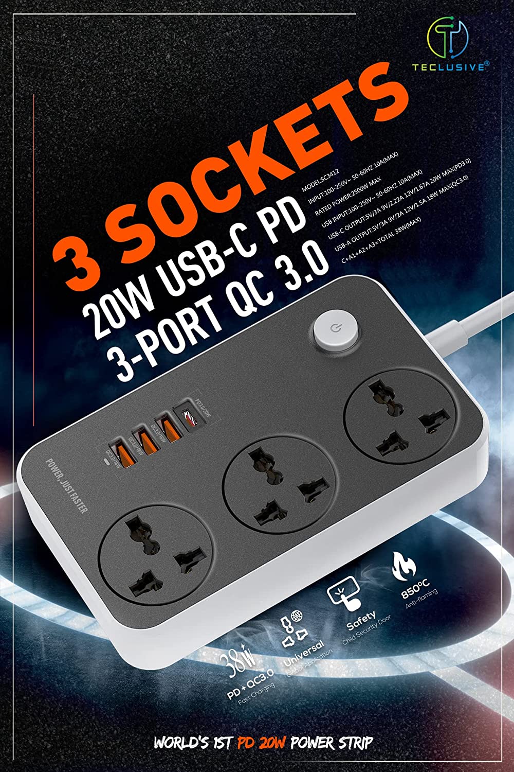 LDNIO Fast Charge 20W with 3 Power Ports and 3 USB 3 0 Ports Fast Charge 7 Socket Extension Boards Black Grey 2m With USB Port