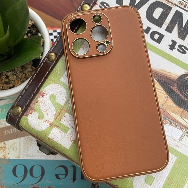 iPhone 14 Plus Luxurious Leather Case With Gold Border