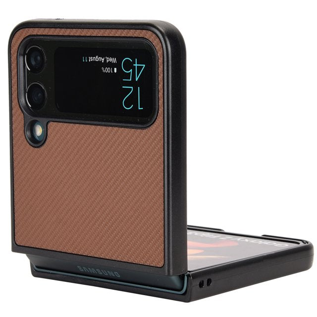 Samsung Galaxy Z Flip 4 Leather Carbon Fiber Slim Fit Case- Brown