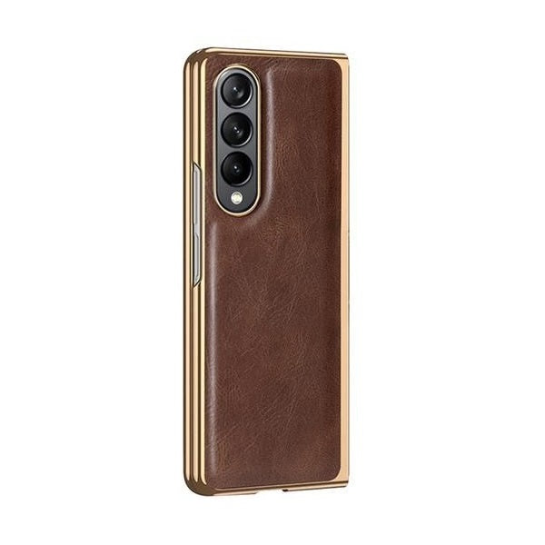 Samsung Galaxy Z Fold 4 PU Leather Chrome Plated With Front Screen Protector Case- Coffee