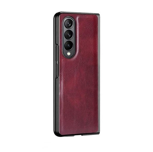 Samsung Galaxy Z Fold 4 PU Leather Chrome Plated With Front Screen Protector Case- Red