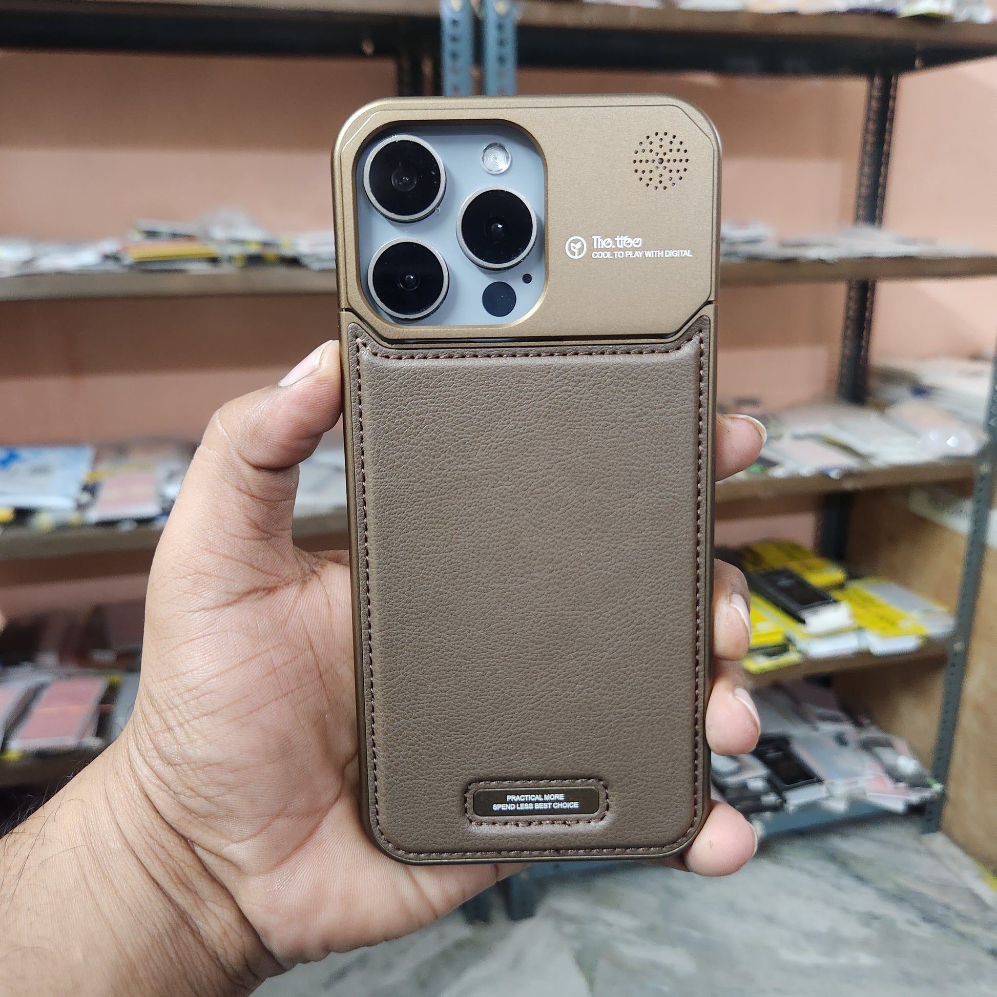 iPhone 15 Pro Max Super Slim AeroFLex Metal Frame Less Vegan Leather Case with Magsafe - Titanium Brown