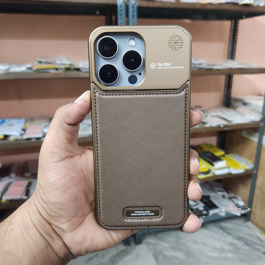 iPhone 15 Pro Max Super Slim AeroFLex Metal Frame Less Vegan Leather Case with Magsafe - Titanium Brown