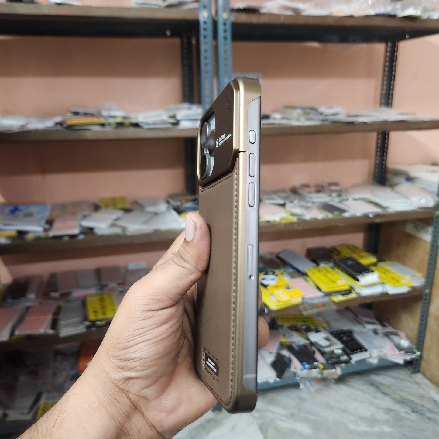 iPhone 15 Pro Max Super Slim AeroFLex Metal Frame Less Vegan Leather Case with Magsafe - Titanium Brown