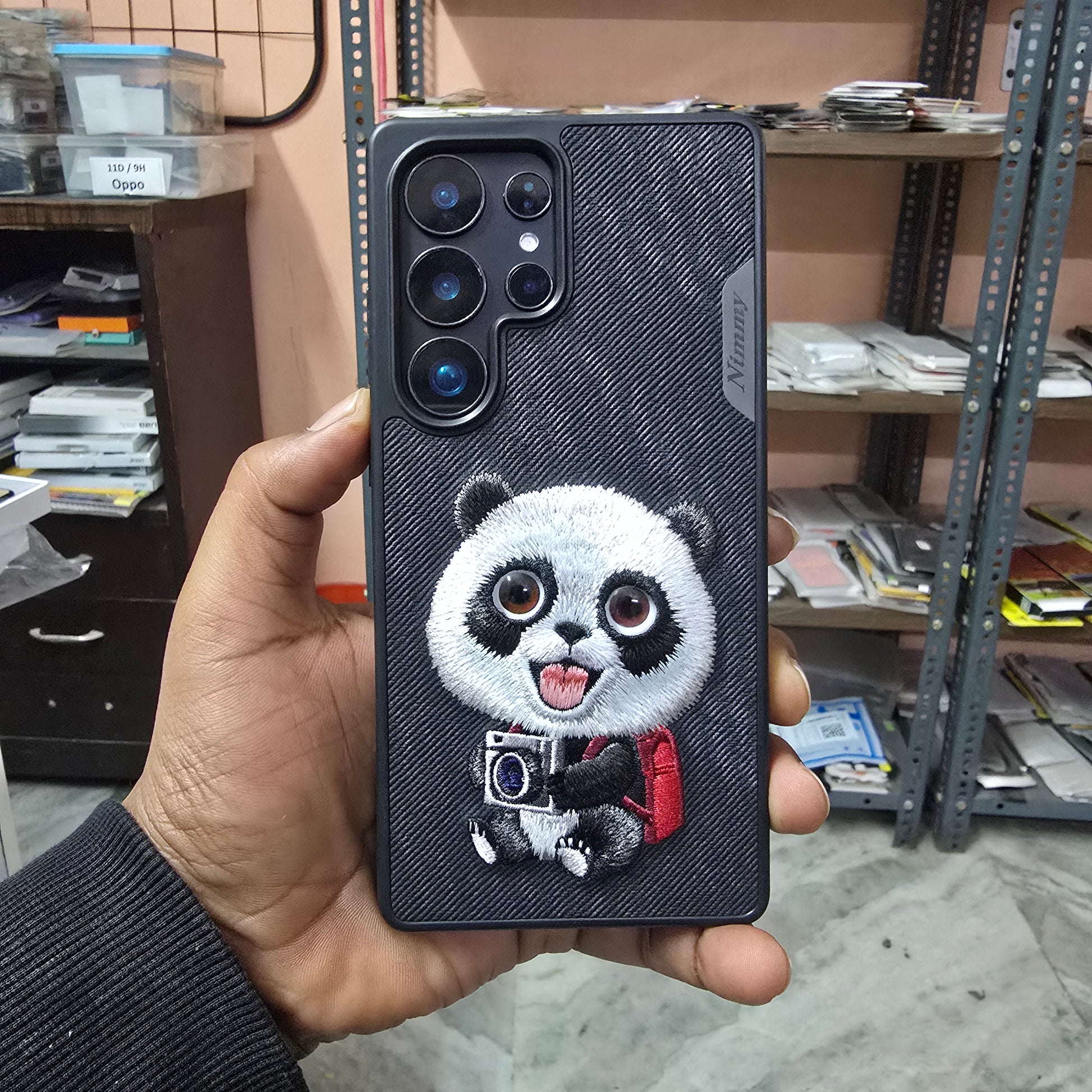 Samsung Galaxy S25 Ultra Nimmy Case, 3D Embroidery Cute Panda Leather Case with Moving Eyes - Black