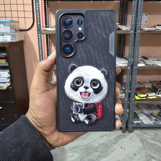 Samsung Galaxy S25 Ultra Nimmy Case, 3D Embroidery Cute Panda Leather Case with Moving Eyes - Black