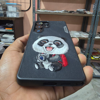 Samsung Galaxy S25 Ultra Nimmy Case, 3D Embroidery Cute Panda Leather Case with Moving Eyes - Black