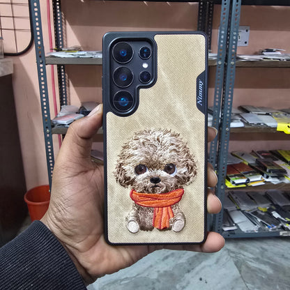 Samsung Galaxy S25 Ultra Nimmy Case, 3D Embroidery Cute Dog Leather Case with Moving Eyes - Desert Brown