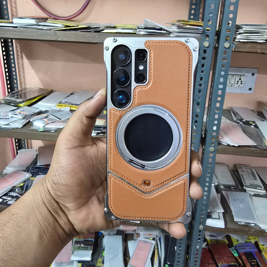 Samsung Galaxy S25 Ultra Metal Case, Frame less Leather Metal Bumper Case with Magsafe & 360 Stand - Brown