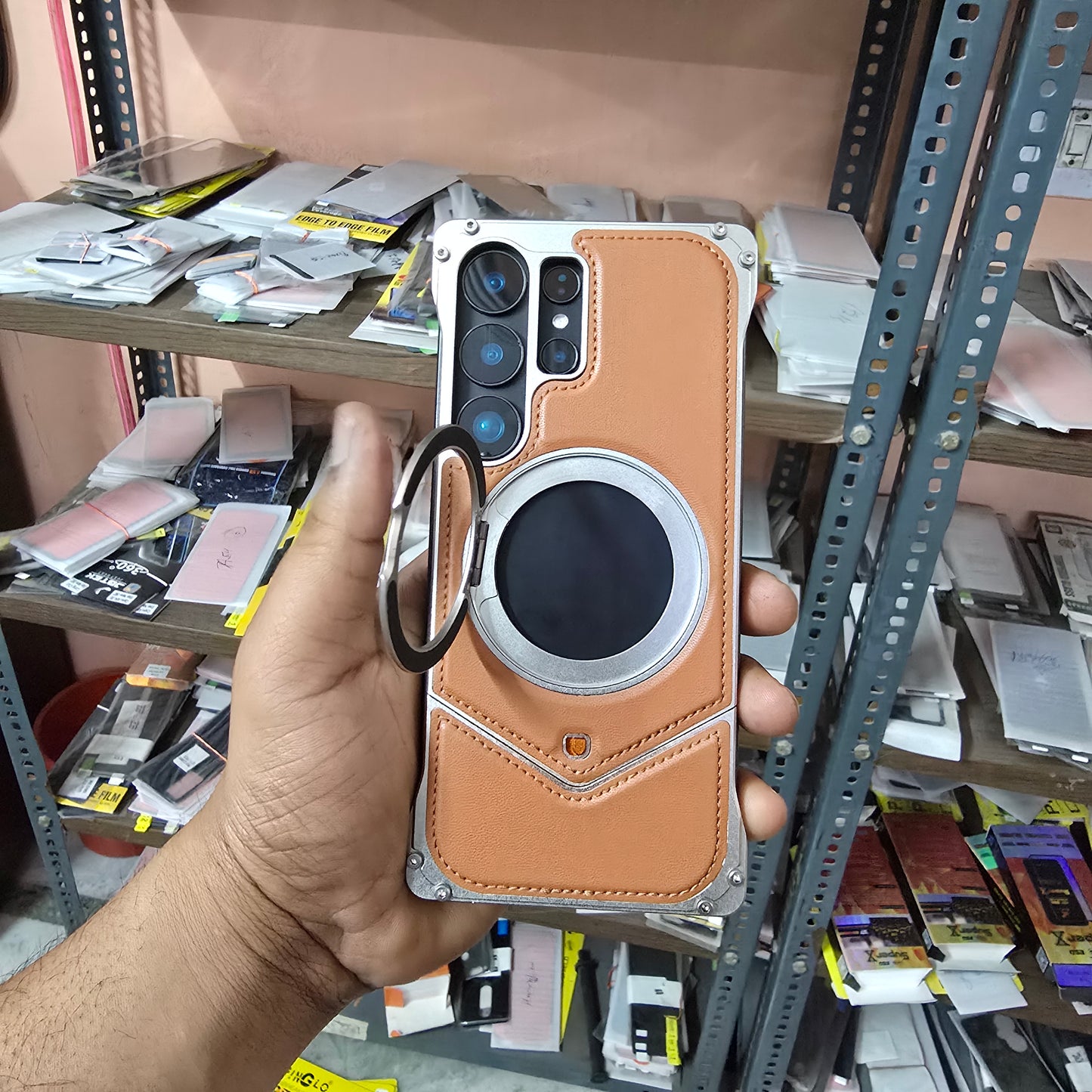 Samsung Galaxy S25 Ultra Metal Case, Frame less Leather Metal Bumper Case with Magsafe & 360 Stand - Brown