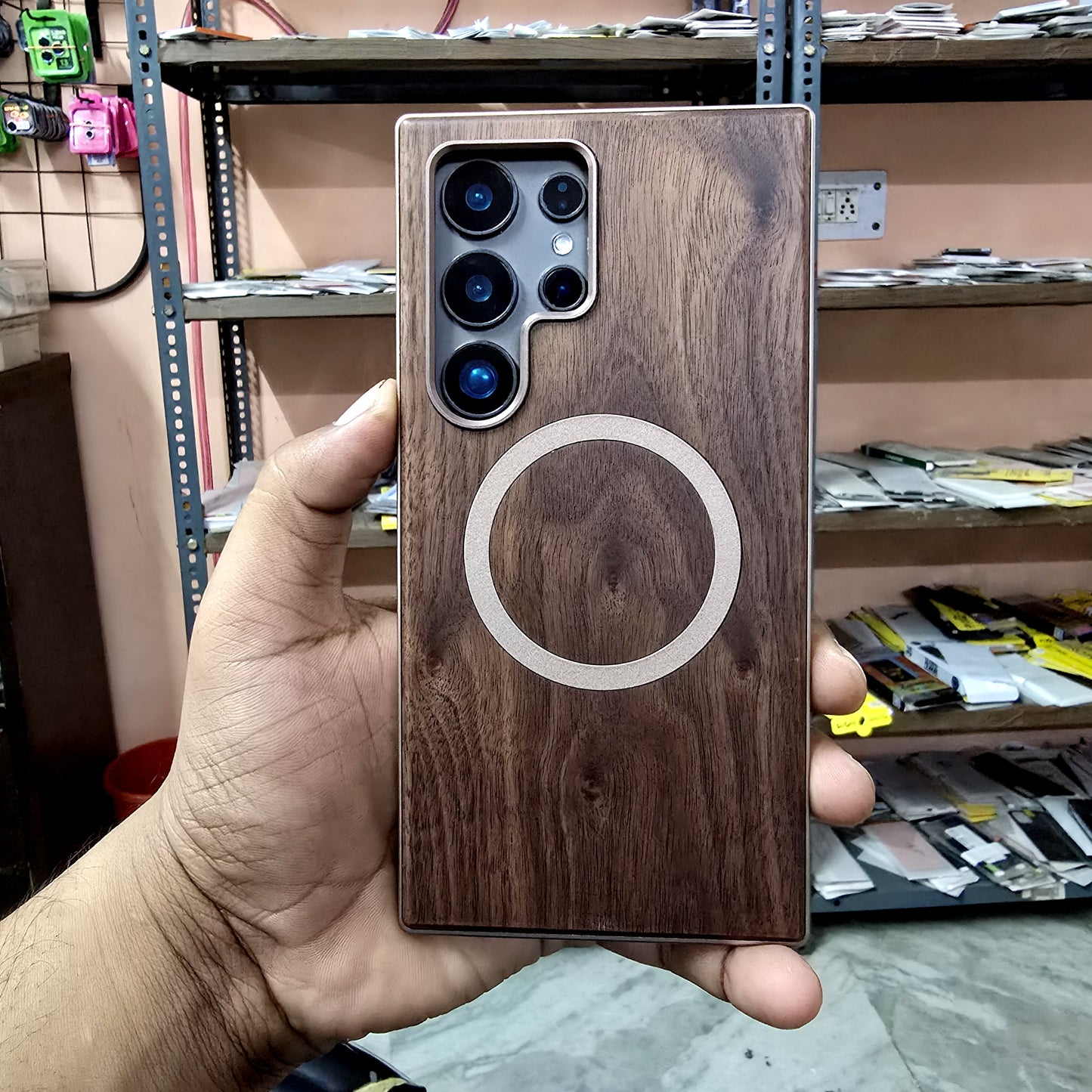 Samsung Galaxy S24 Ultra Wooden Metal Case, Metal Bumper Shockproof Case with Magsafe