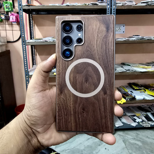 Samsung Galaxy S24 Ultra Wooden Metal Case, Metal Bumper Shockproof Case with Magsafe