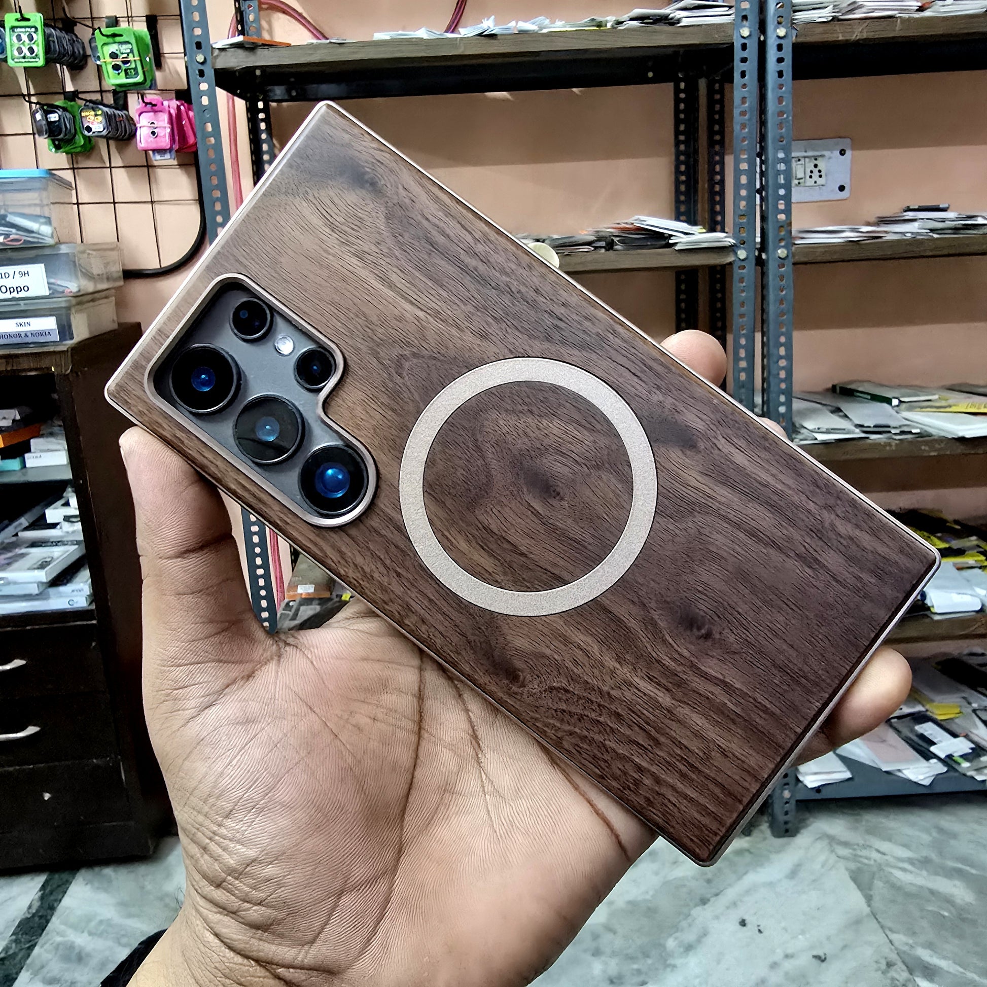 Samsung Galaxy S24 Ultra Wooden Metal Case, Metal Bumper Shockproof Case with Magsafe
