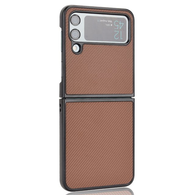Samsung Galaxy Z Flip 4 Leather Carbon Fiber Slim Fit Case- Brown