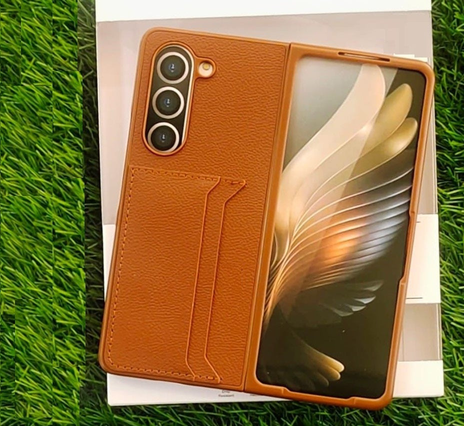 Samsung Galaxy Z Fold 5 Anti-Shock Card Holder Leather Case-Brown