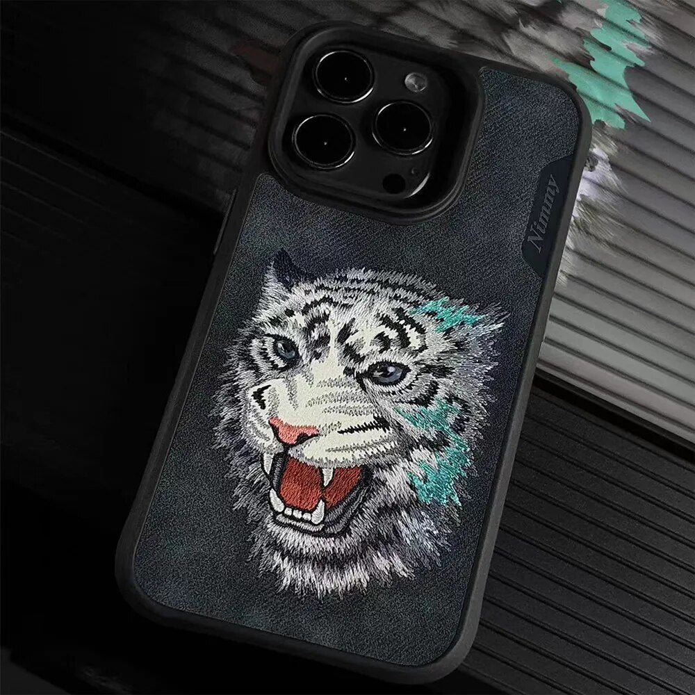 iPhone 15 Nimmy 3D Embroided Leather Tiger Back Case