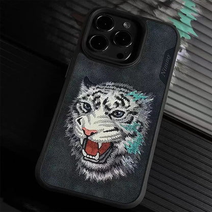 iPhone 15 Pro Max Nimmy 3D Embroided Leather Tiger Back Case