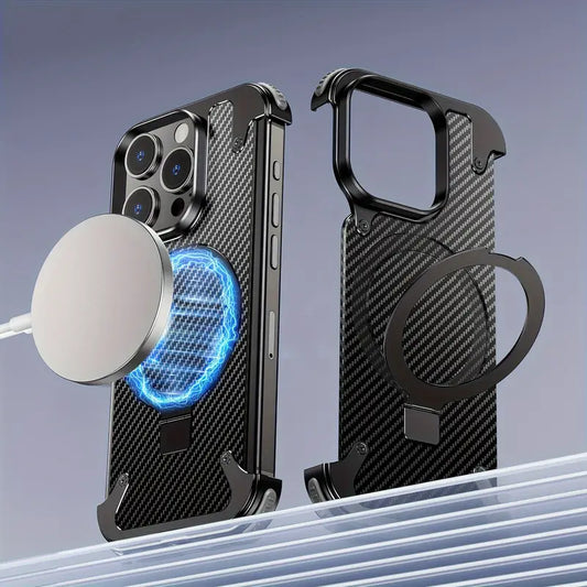 iPhone 15 Pro Max Premium Metal Semi frame Less Carbon Fibre Case Magnetic Ring with Magsafe