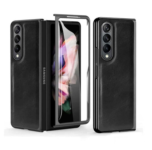 Samsung Galaxy Z Fold 4 PU Leather Chrome Plated With Front Screen Protector Case- Black