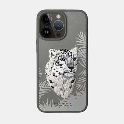 iPhone 15 Pro Max Santa Barbara Snow Leopard Embroidery Case Cover - Grey/Black