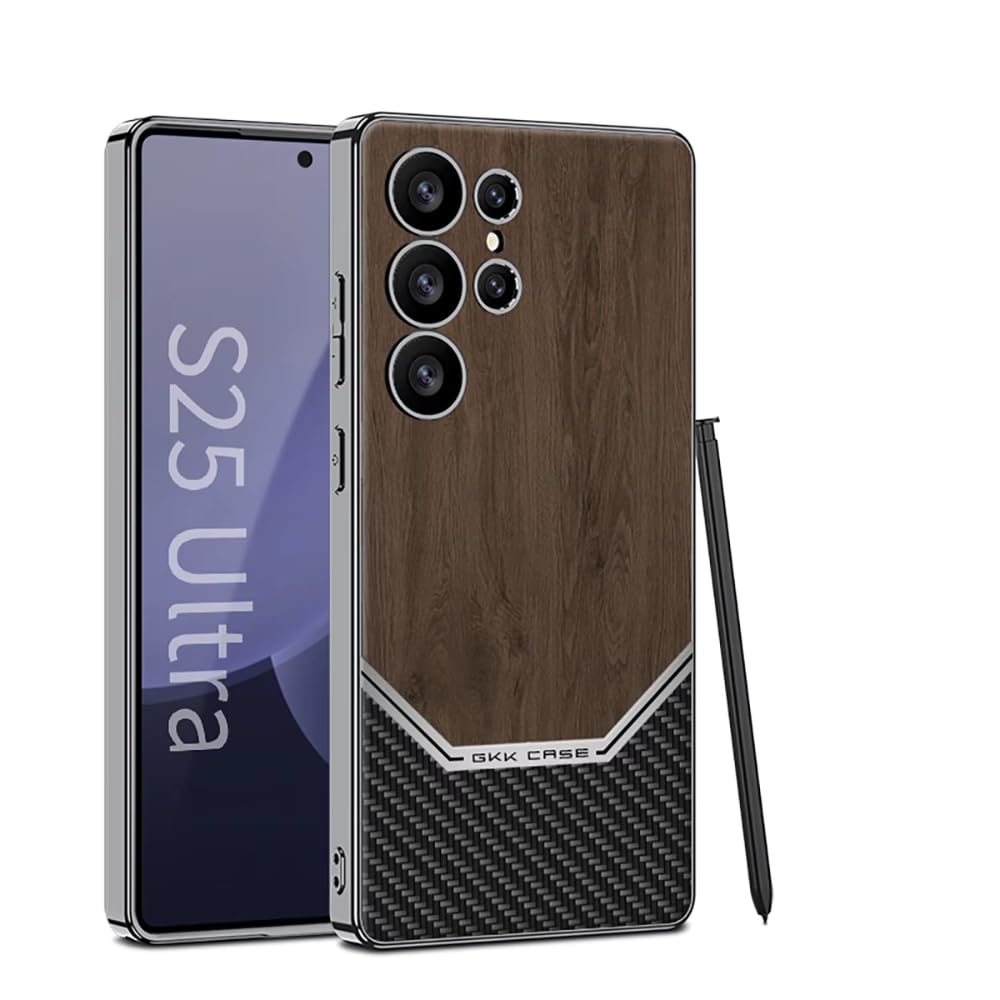 Samsung Galaxy S25 Ultra Wooden Texture Case, Wooden + Carbon Fibre Anti Fingerprint Camera Protection Case - Brown