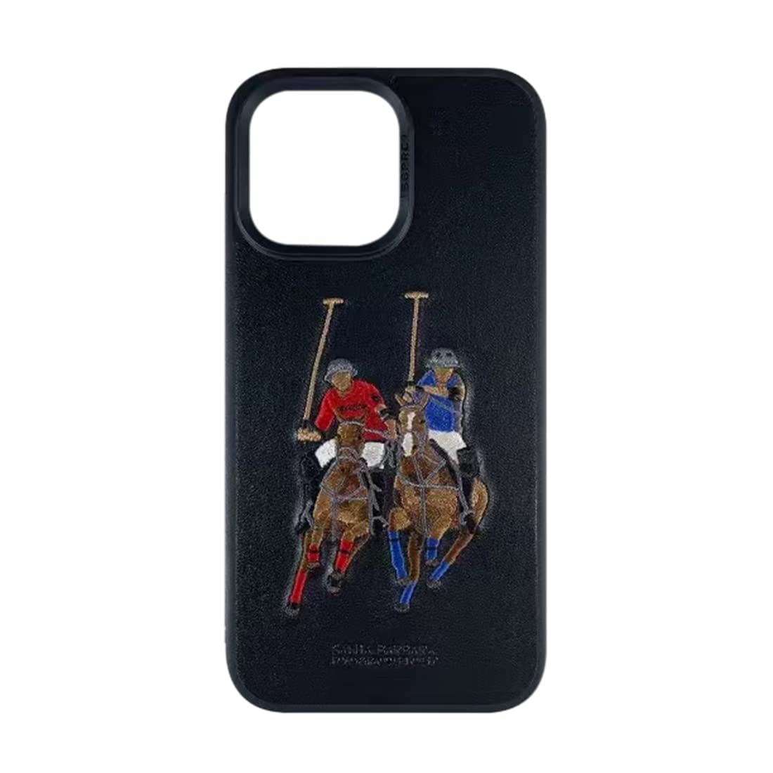 iPhone 14 Pro Max Luxury 3D Embroided Santa Barbara Polo Jockey Series Leather Case - Black