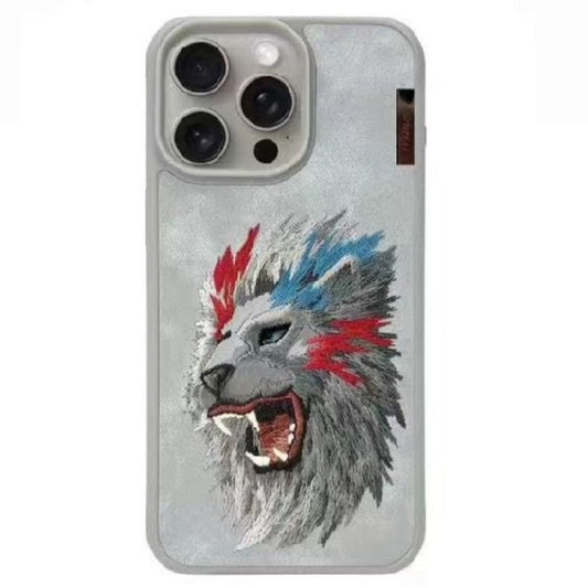 iPhone 15 3D EMBROIDERED LEATHER LION CASE- Grey