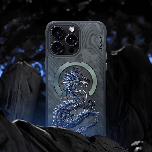 iPhone 14 Pro Nimmy Fantasy Animal Series 3D Embroidered Dragon Leather Magsafe Case - Grey