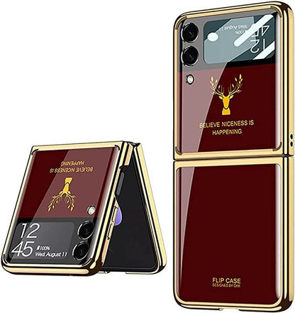 Samsung Galaxy Z Flip 4 Deer Pattern Glass Case-Wine