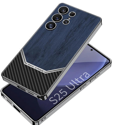 Samsung Galaxy S25 Ultra Wooden Texture Case, Wooden + Carbon Fibre Anti Fingerprint Camera Protection Case - Black