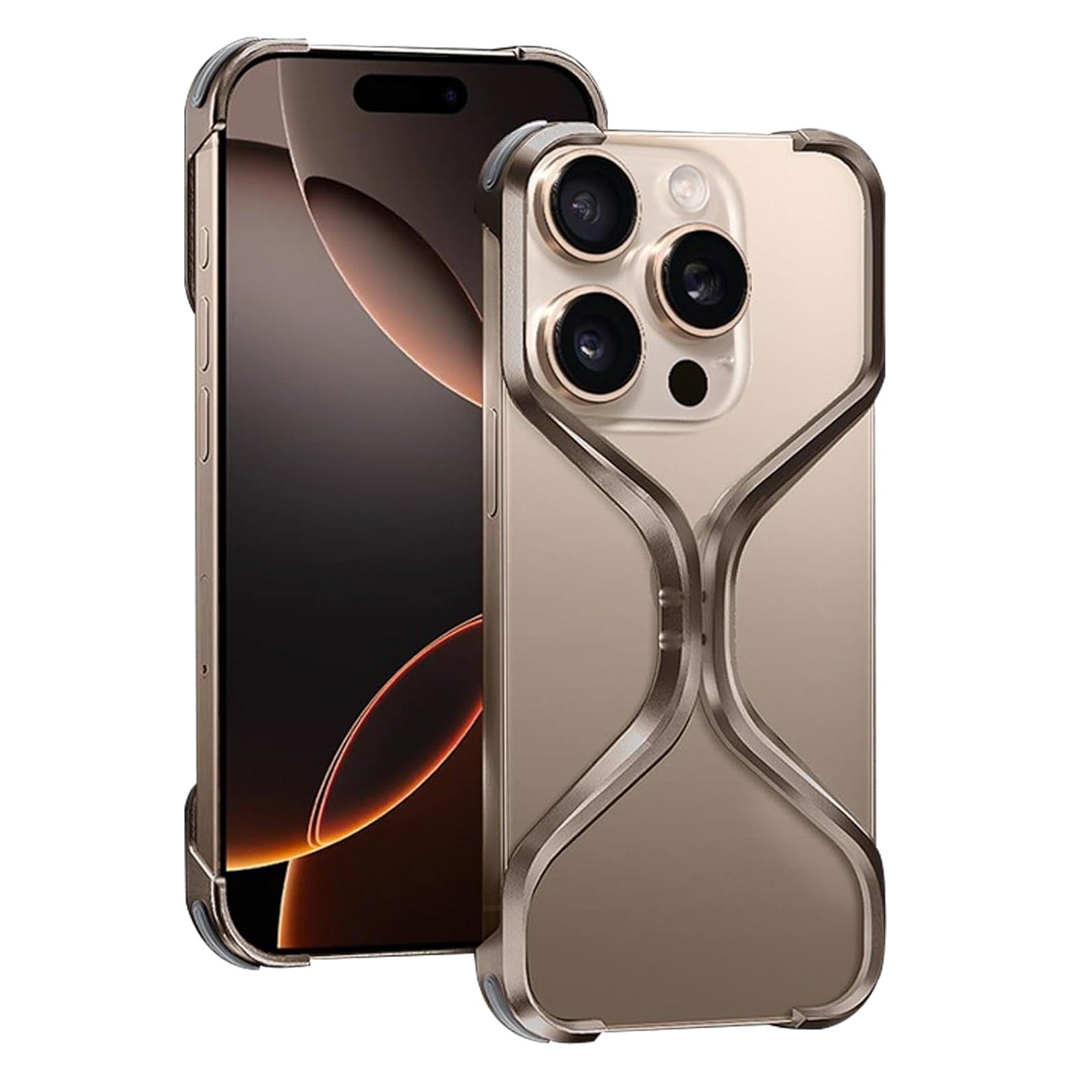 iPhone 16 Pro Max Premium Metal Luxury Aluminum X- Shape Rimless Case - Desert Brown