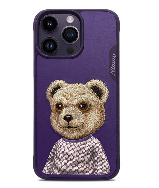iPhone 15 Nimmy Teddy Embroidery Pet Series Leather Case