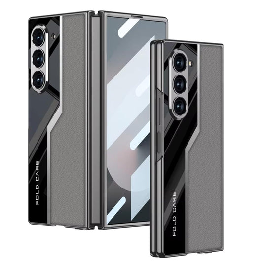 Samsung Galaxy Z Fold 6 Ultra Electroplating Hybrid Premium Leather & Glass Case - Grey