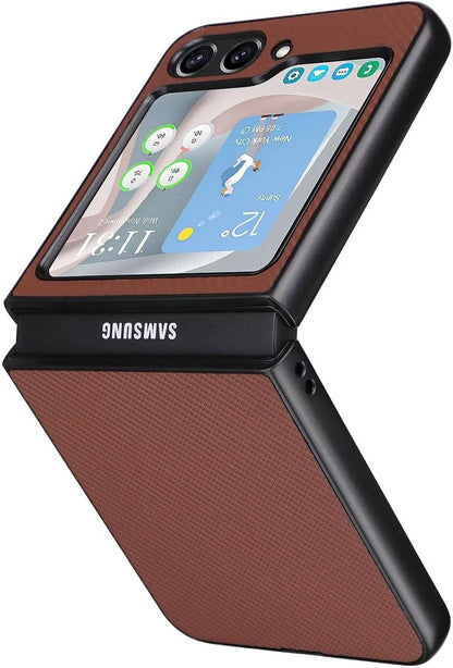 Samsung Galaxy Z Flip 5 Leather Carbon Fiber Slim Fit Case- Brown