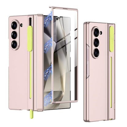 Samsung Galaxy Z Fold 6 Ultra Hybrid Premium Matte Frosted Case with Pen Holder, Magnetic Hinge Protection - Pink