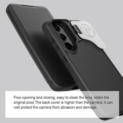 Samsung Galaxy S24 Ultra Cam-Shield Qin Prop Plain Leather Lens Protect + Stand Flip Folio + Card Slot 360 Protect - Black